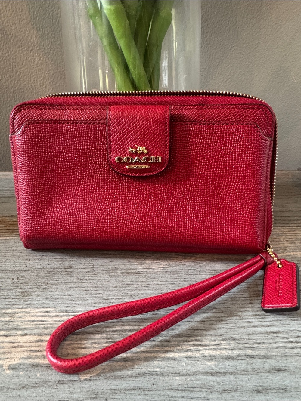 Coach Red Textured Leather Wristlet Wallet with Gold Logo